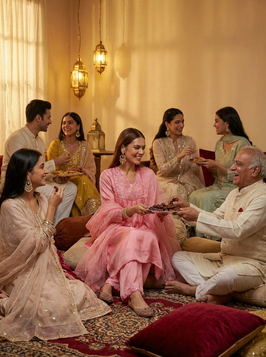 Raajvee Coral Pure Silk A-Line Kurta Set with Cotton Mul Lining Featuring Handcrafted Resham Thread Embroidery with Multicolour Sequin and Glass Bugle Embellishments and Coordinated Silk Dupatta