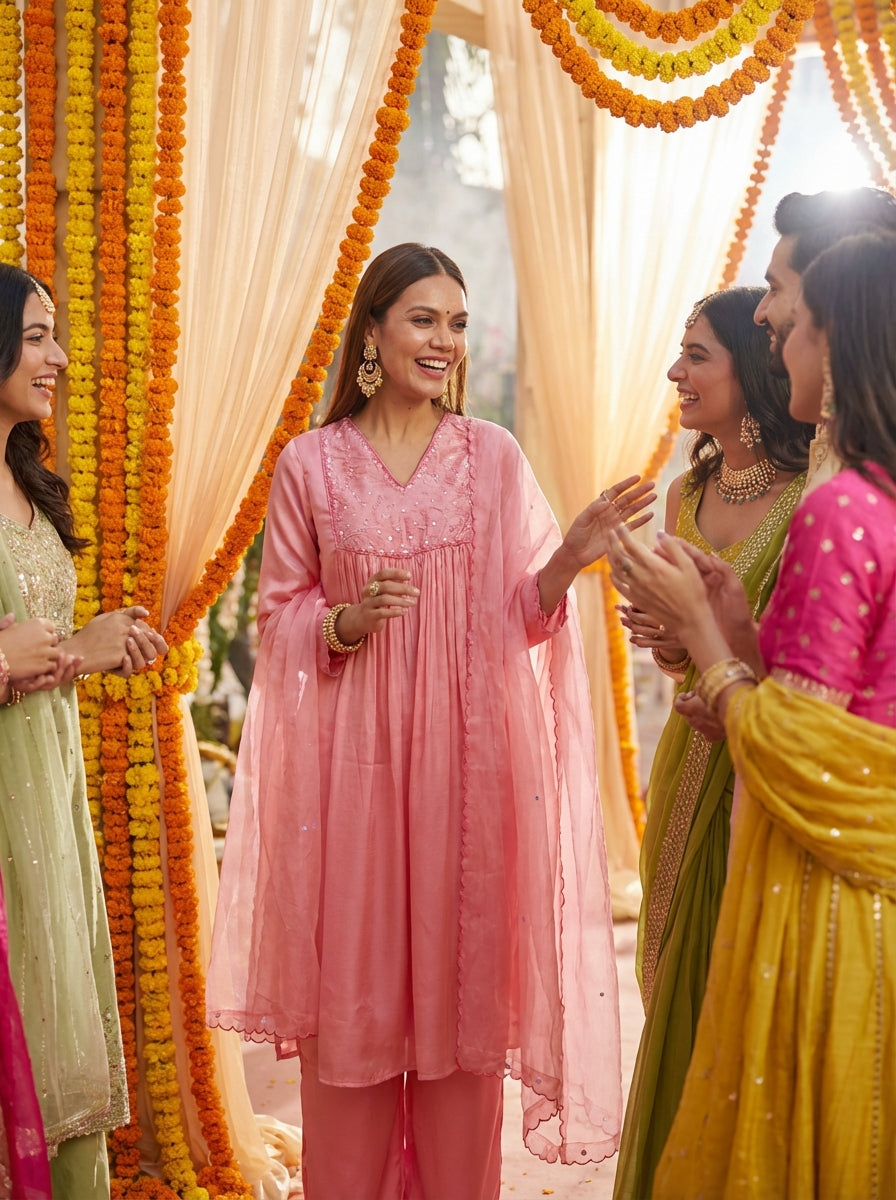 Raajvee Coral Pure Silk A-Line Kurta Set with Cotton Mul Lining Featuring Handcrafted Resham Thread Embroidery with Multicolour Sequin and Glass Bugle Embellishments and Coordinated Silk Dupatta