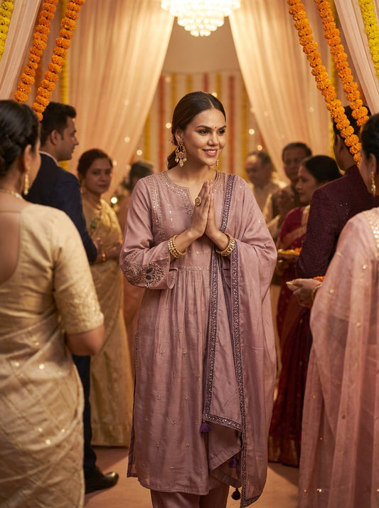 Raajvee Pure Silk Dusty Rose A-Line Kurta Set with Cotton Mul Lining, Handcrafted Zari & Resham Thread Embroidery with Sequin and Bugle Bead Embellishments with Dupatta