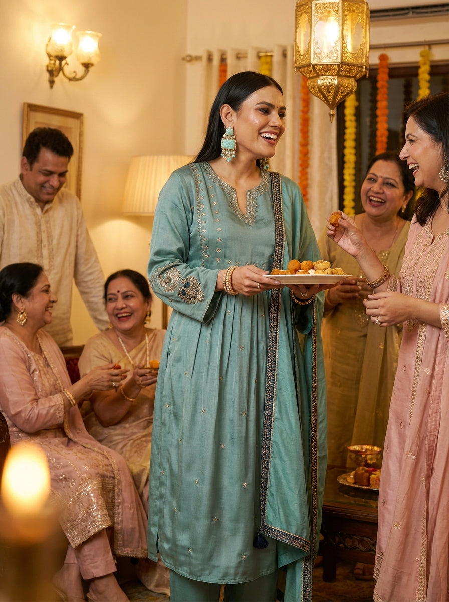 Raajvee Pure Silk Teal A-Line Kurta Set with Cotton Mul Lining, Handcrafted Zari & Resham Thread Embroidery with Sequin and Bugle Bead Embellishments with Dupatta