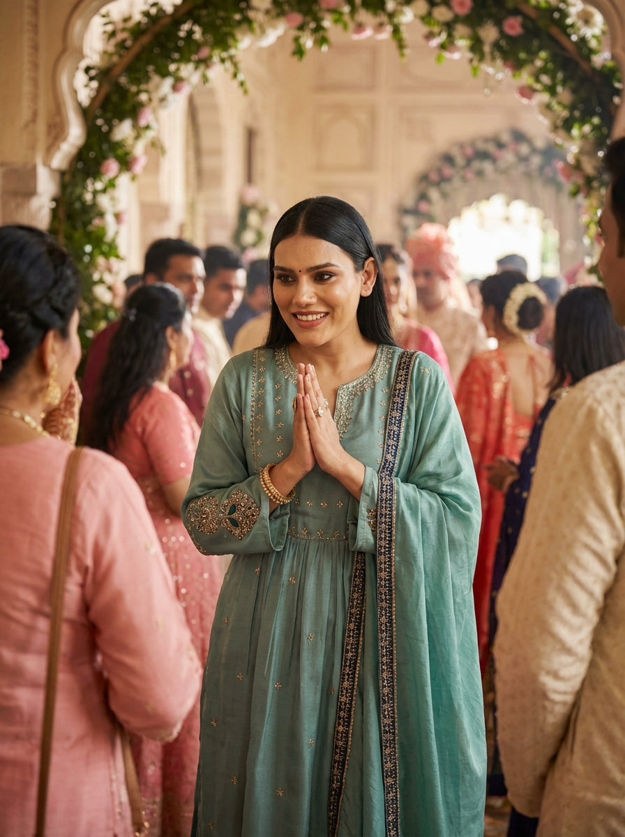 Raajvee Pure Silk Teal A-Line Kurta Set with Cotton Mul Lining, Handcrafted Zari & Resham Thread Embroidery with Sequin and Bugle Bead Embellishments with Dupatta