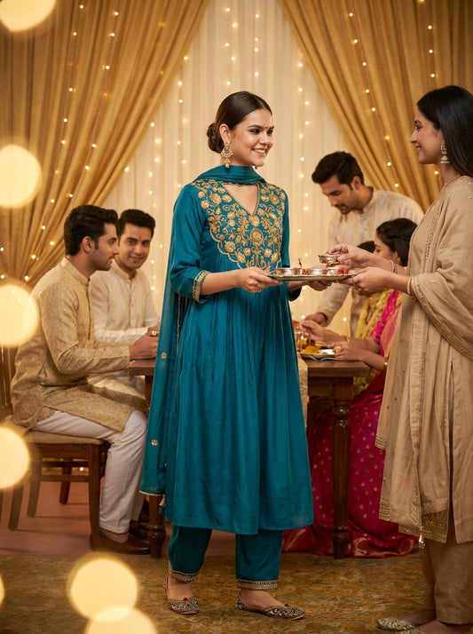 Raajvee Peacock Blue Pure Silk Suit Set with Dupatta and Cotton Mul Lining Featuring Handcrafted Resham and Zari Embroidery with Sequin Embellished Designer Neckline