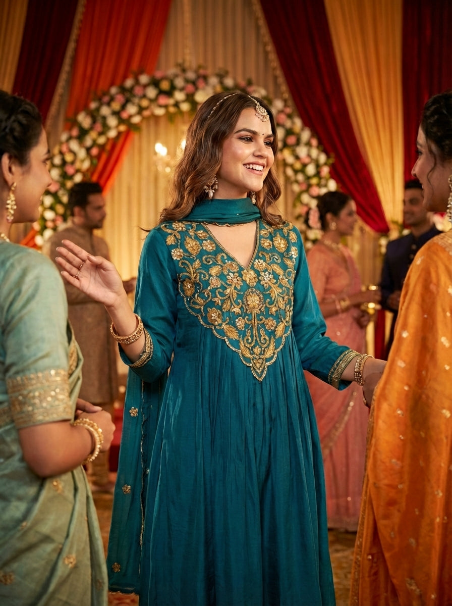 Raajvee Peacock Blue Pure Silk Suit Set with Dupatta and Cotton Mul Lining Featuring Handcrafted Resham and Zari Embroidery with Sequin Embellished Designer Neckline