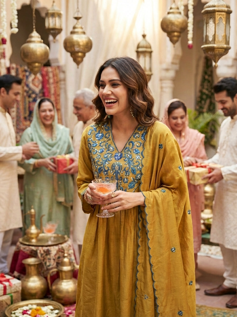 Raajvee Mustard Pure Silk Suit Set with Dupatta and Cotton Mul Lining Featuring Handcrafted Resham and Zari Embroidery with Sequin Embellished Designer Neckline