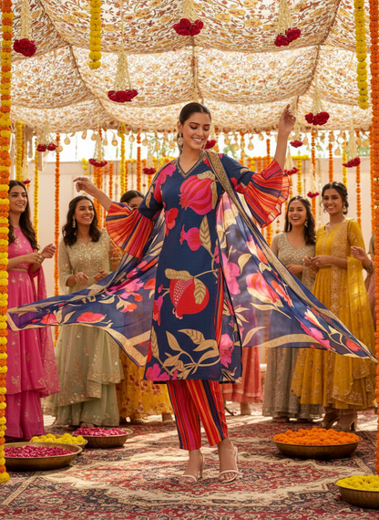 Rani Blue Floral Printed Kurta Set with Hand Glass Bugle & Sequin Embellished Neckline and Printed Dupatta in Satin Silk with Cotton Mul Lining
