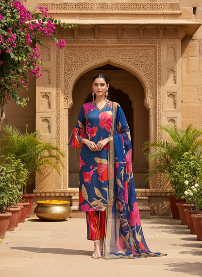 Rani Blue Floral Printed Kurta Set with Hand Glass Bugle & Sequin Embellished Neckline and Printed Dupatta in Satin Silk with Cotton Mul Lining