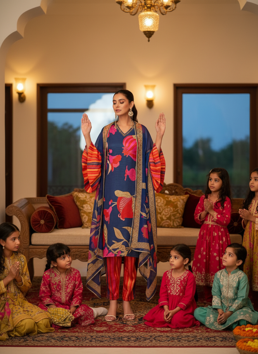 Rani Blue Floral Printed Kurta Set with Hand Glass Bugle & Sequin Embellished Neckline and Printed Dupatta in Satin Silk with Cotton Mul Lining