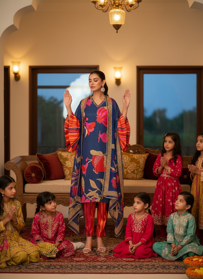 Rani Blue Floral Printed Kurta Set with Hand Glass Bugle & Sequin Embellished Neckline and Printed Dupatta in Satin Silk with Cotton Mul Lining