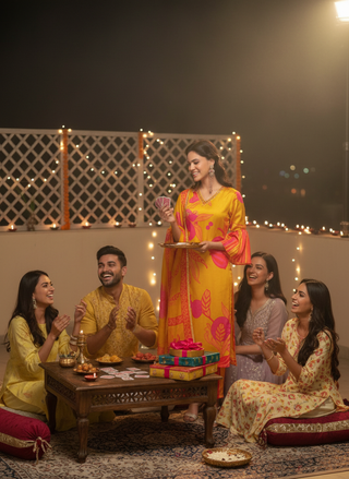 Rani Mustard Floral Printed Kurta Set with Hand Glass Bugle & Sequin Embellished Neckline and Printed Dupatta in Satin Silk with Cotton Mul Lining