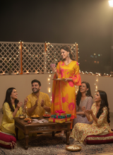 Rani Mustard Floral Printed Kurta Set with Hand Glass Bugle & Sequin Embellished Neckline and Printed Dupatta in Satin Silk with Cotton Mul Lining