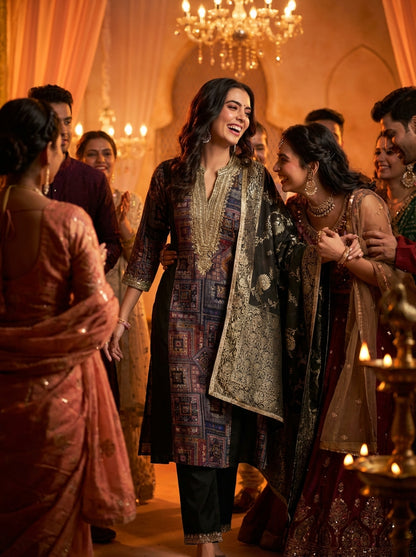Rashmi Black Hand Thread & Sequins Embellished Suit Set with Zari Woven Jacquard Dupatta in Chanderi Silk with Pure Cotton Mul Lining