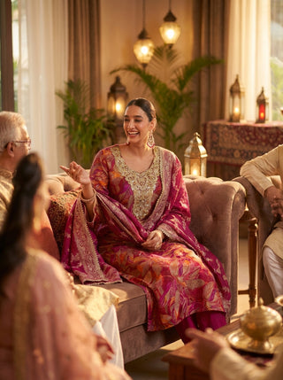 Rashmi Fuchsia Hand Zari and Sequins Embellished Work Suit Set in Chanderi Silk with Pure Cotton Mul Lining