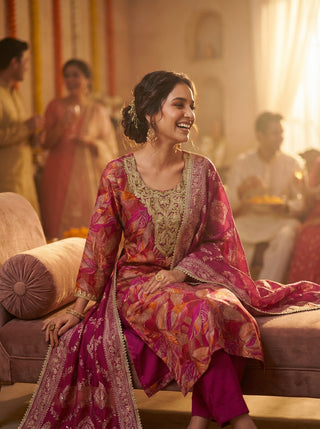 Rashmi Fuchsia Hand Zari and Sequins Embellished Work Suit Set in Chanderi Silk with Pure Cotton Mul Lining