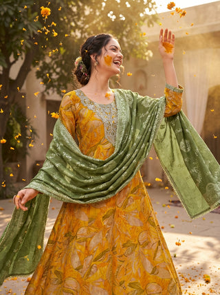 Rashmi Mustard Hand Zari and Sequins Embellished Work Suit Set in Chanderi Silk with Pure Cotton Mul Lining