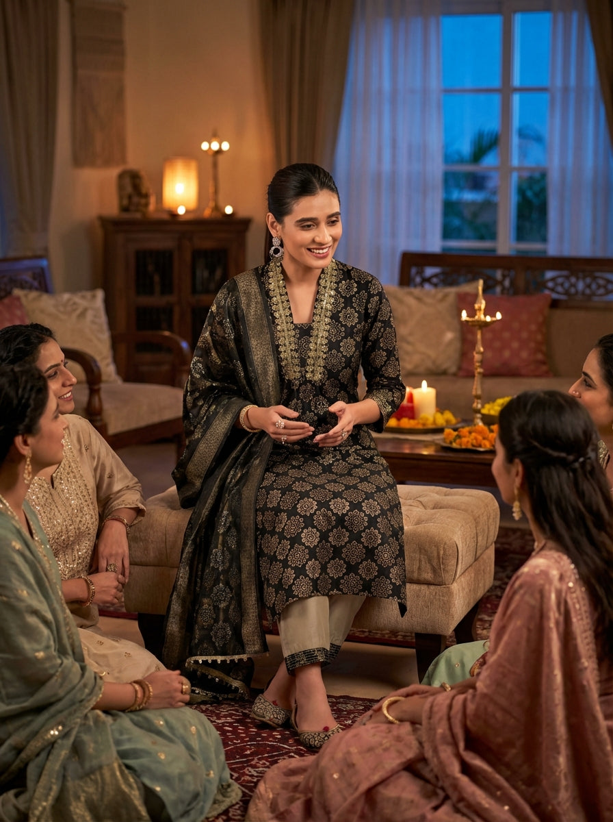 Rashmi Chanderi Black Kurta Set with Dupatta