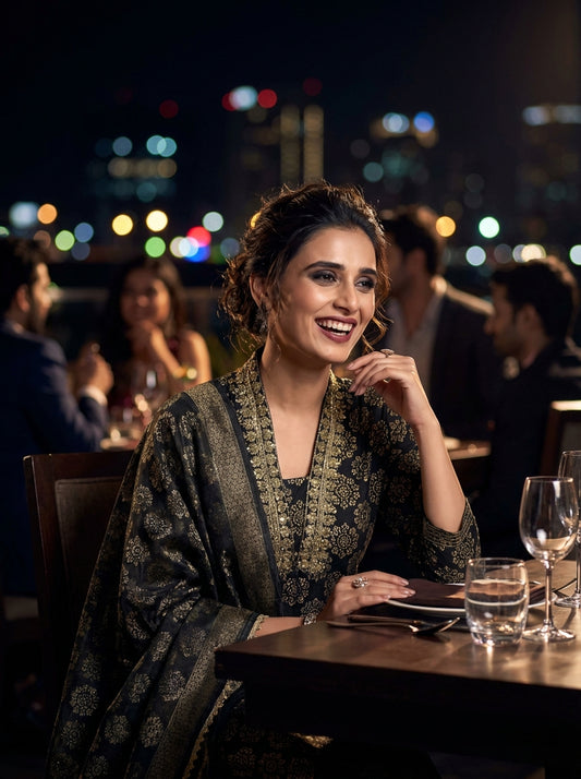 Rashmi Black Ethnic Motif Print Hand Embellished, Sequins and Bugle Bead Work Suit Set in Chanderi Silk with Pure Cotton Mul Lining