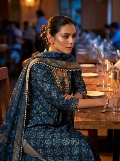 Rashmi Blue Ethnic Motif Print Hand Embellished, Sequins and Bugle Bead Work Suit Set in Chanderi Silk with Pure Cotton Mul Lining
