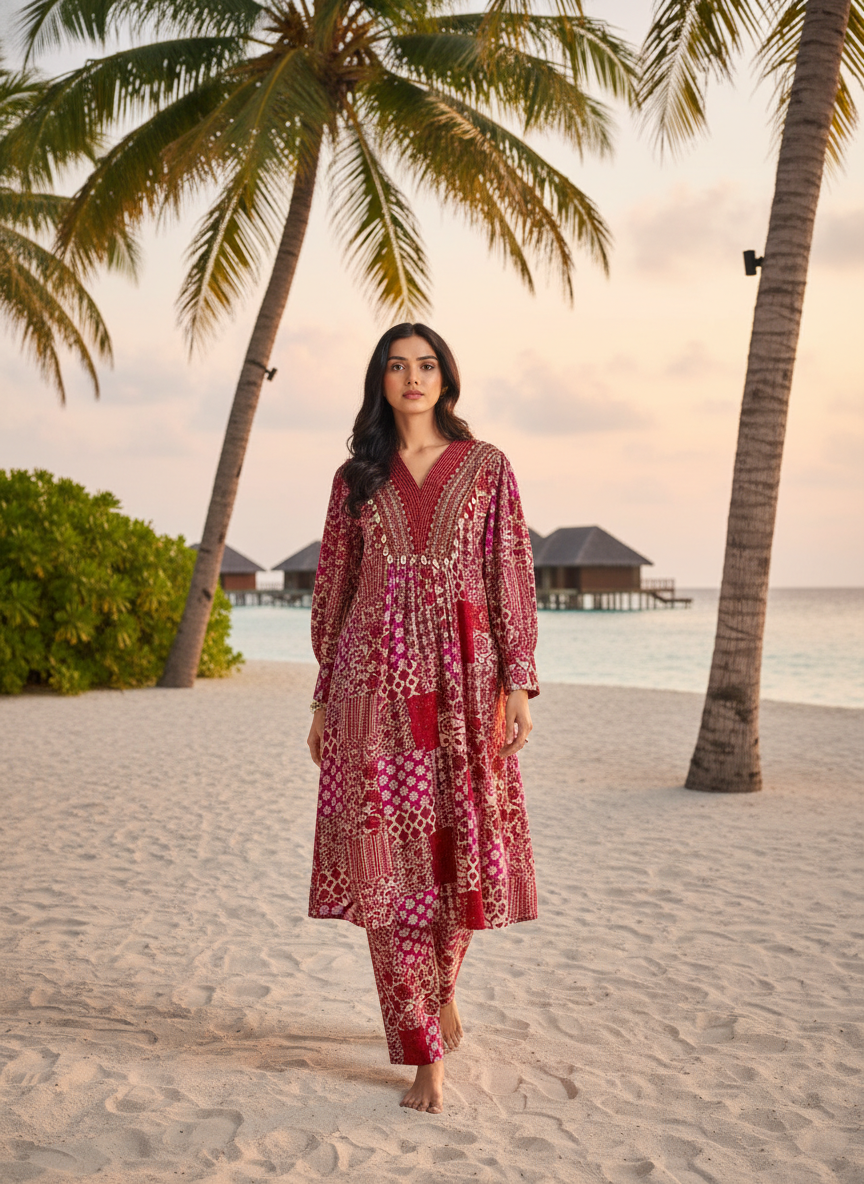 Red and Cream Patchwork Print Viscose Co-Ord Set with Embroidered Neckline, Cowrie Shell and Coin Charms