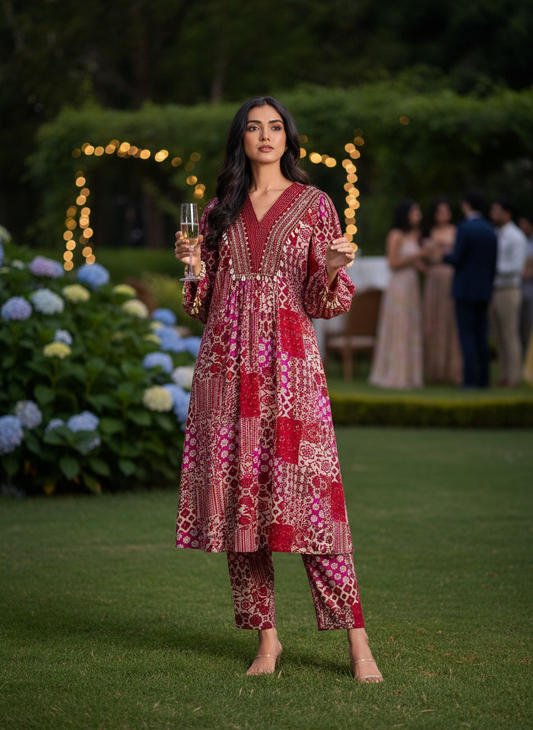 Red and Cream Patchwork Print Viscose Co-Ord Set with Embroidered Neckline, Cowrie Shell and Coin Charms