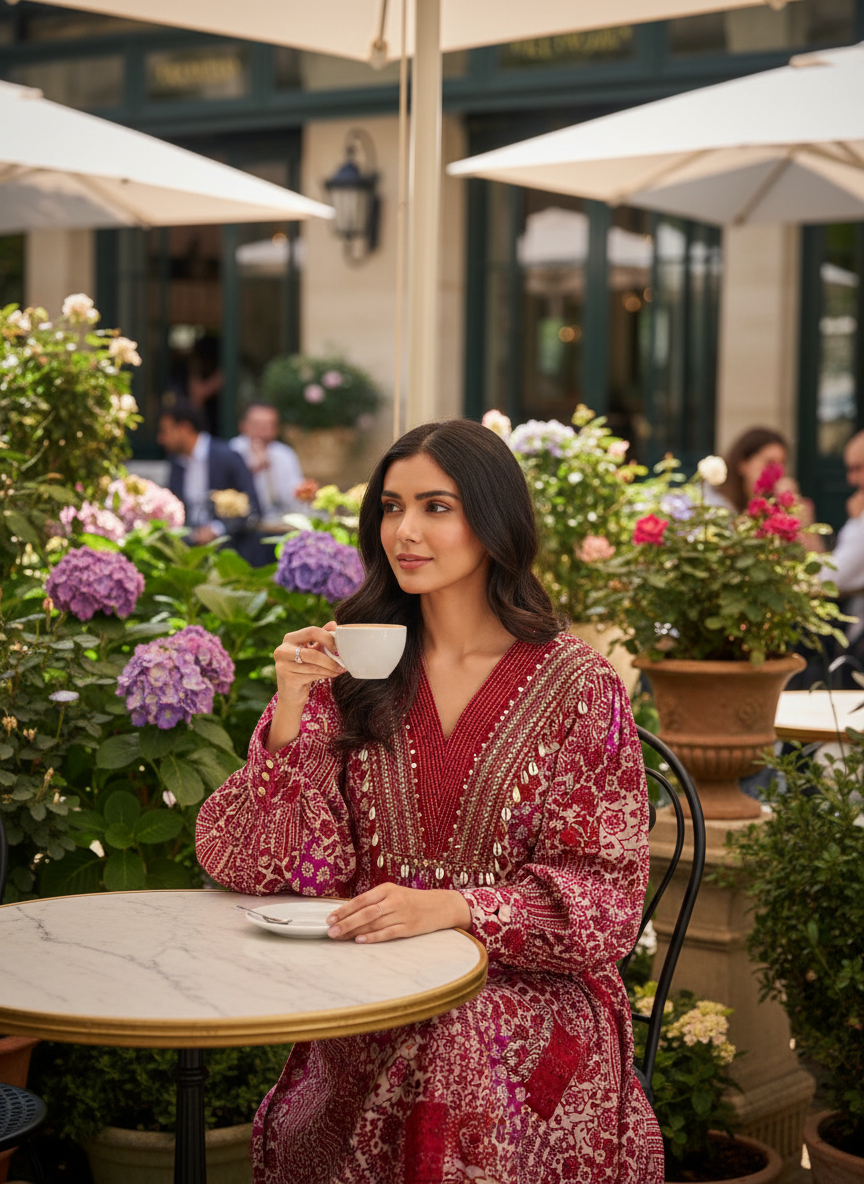 Red and Cream Patchwork Print Viscose Co-Ord Set with Embroidered Neckline, Cowrie Shell and Coin Charms