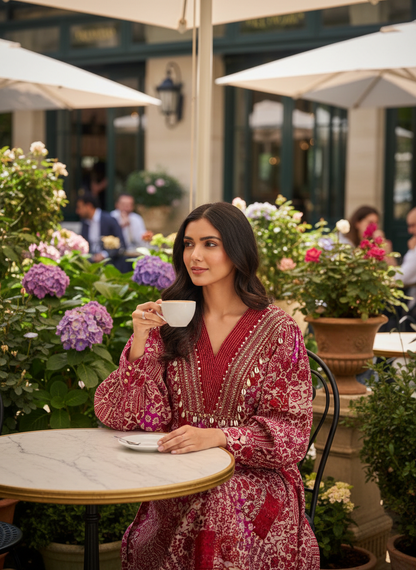 Red and Cream Patchwork Print Viscose Co-Ord Set with Embroidered Neckline, Cowrie Shell and Coin Charms