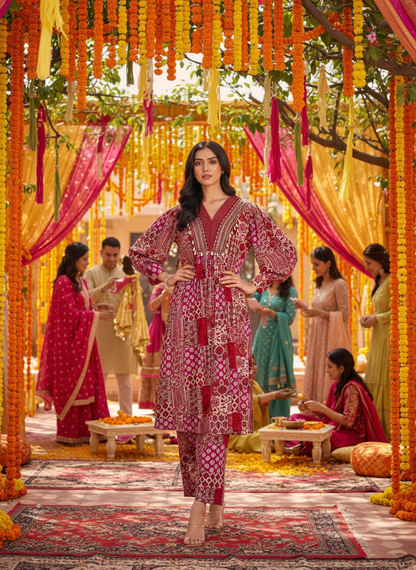 Red and Cream Patchwork Print Viscose Co-Ord Set with Embroidered Neckline, Cowrie Shell and Coin Charms