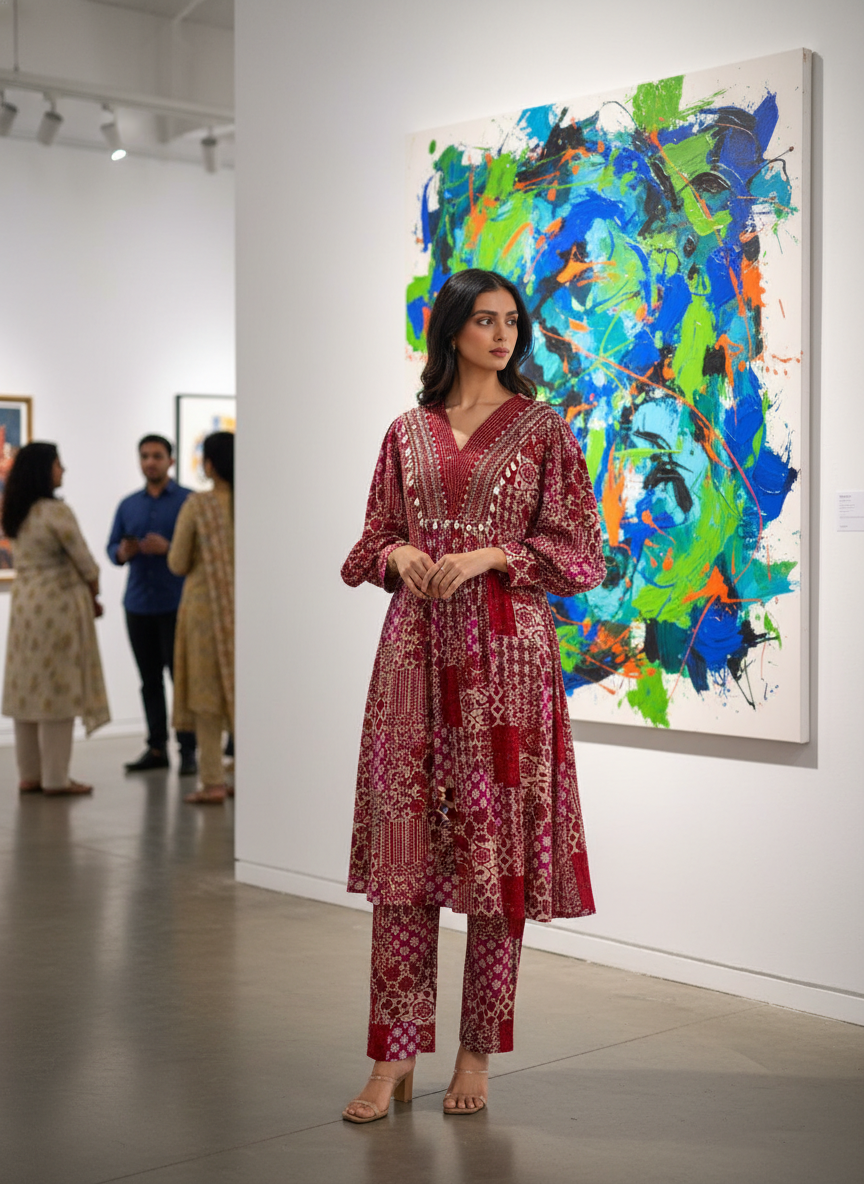 Red and Cream Patchwork Print Viscose Co-Ord Set with Embroidered Neckline, Cowrie Shell and Coin Charms