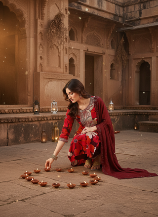 Roli Floral Printed Red Salwar Suit with Handcrafted Zari & Mirror Embroidered Neckline in Viscose