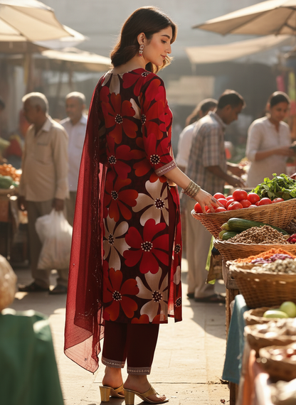 Roli Floral Printed Red Salwar Suit with Handcrafted Zari & Mirror Embroidered Neckline in Viscose