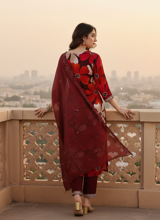 Roli Floral Printed Red Salwar Suit with Handcrafted Zari & Mirror Embroidered Neckline in Viscose