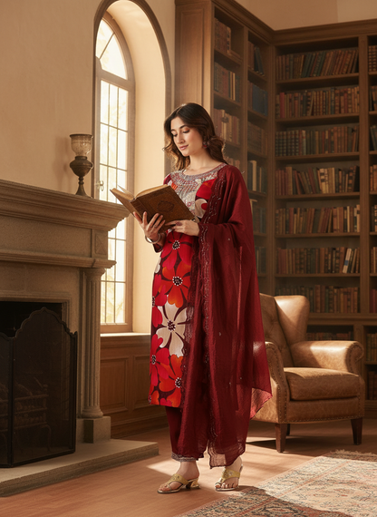 Roli Floral Printed Red Salwar Suit with Handcrafted Zari & Mirror Embroidered Neckline in Viscose