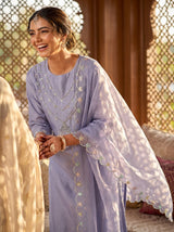 Roshni Purple Hand Embellished Suit Set with Multicolor Bead & Sequin Detailed Neckline in Pure Muslin with Pure Cotton Mul Lining