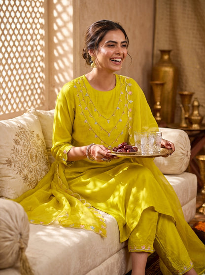 Roshni Yellow Hand Embellished Suit Set with Multicolor Bead & Sequin Detailed Neckline in Pure Muslin with Pure Cotton Mul Lining