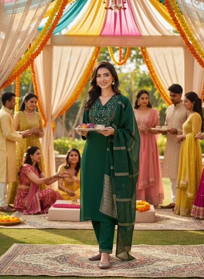 Ruhani Green & Gold Floral Zari Mirror Work Embroidered Yoke Kurta Set with Dupatta in Chanderi Silk with Cotton Mul Lining
