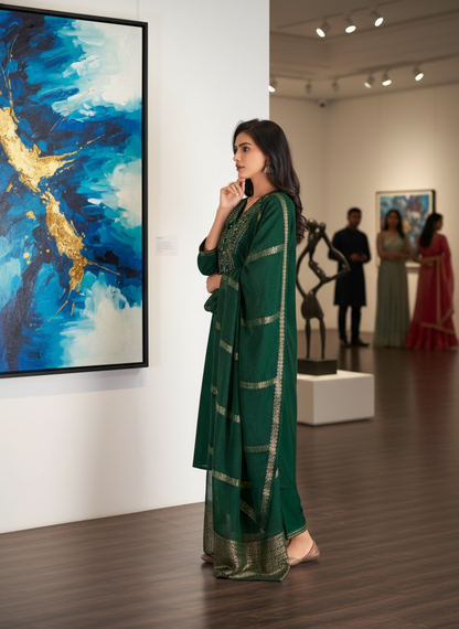 Ruhani Green & Gold Floral Zari Mirror Work Embroidered Yoke Kurta Set with Dupatta in Chanderi Silk with Cotton Mul Lining
