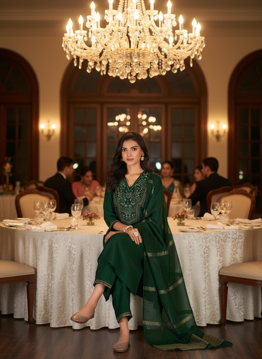 Ruhani Green & Gold Floral Zari Mirror Work Embroidered Yoke Kurta Set with Dupatta in Chanderi Silk with Cotton Mul Lining