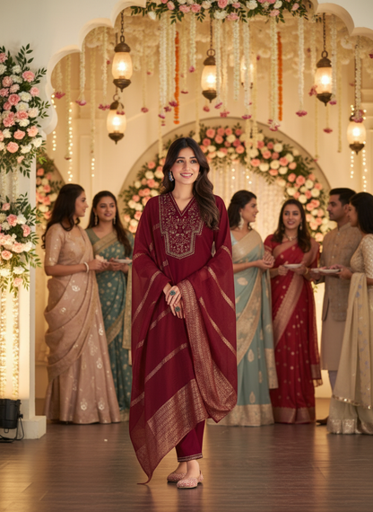 Ruhani Maroon & Gold Floral Zari Mirror Work Embroidered Yoke Kurta Set with Dupatta in Chanderi Silk with Cotton Mul Lining