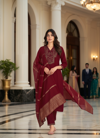 Ruhani Maroon & Gold Floral Zari Mirror Work Embroidered Yoke Kurta Set with Dupatta in Chanderi Silk with Cotton Mul Lining