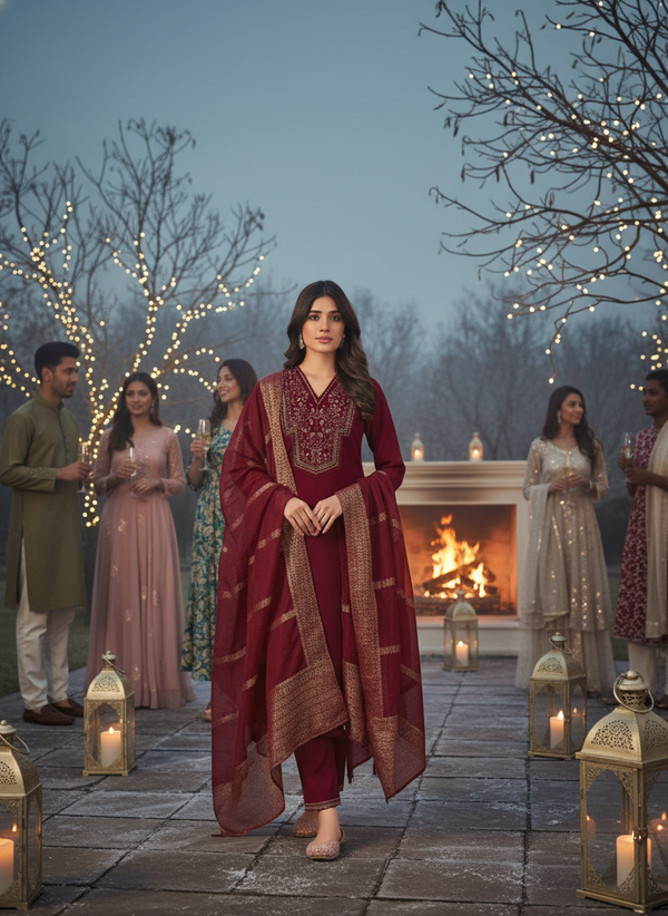 Ruhani Maroon & Gold Floral Zari Mirror Work Embroidered Yoke Kurta Set with Dupatta in Chanderi Silk with Cotton Mul Lining