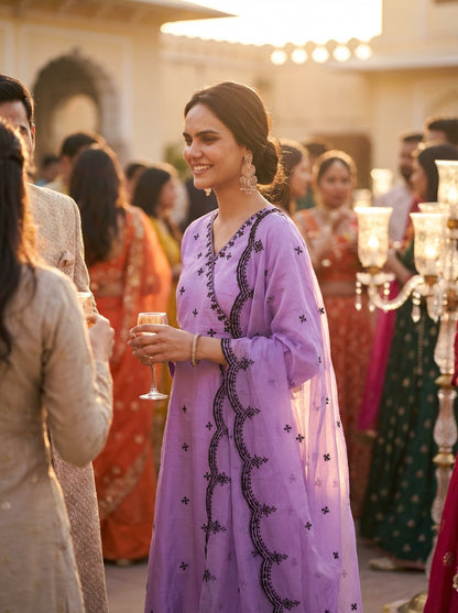 Ruqaiya Purple Angrakha Style Hand Thread Embroidered Suit Set with Mirror Detailing in Pure Muslin with Pure Cotton Mul Lining