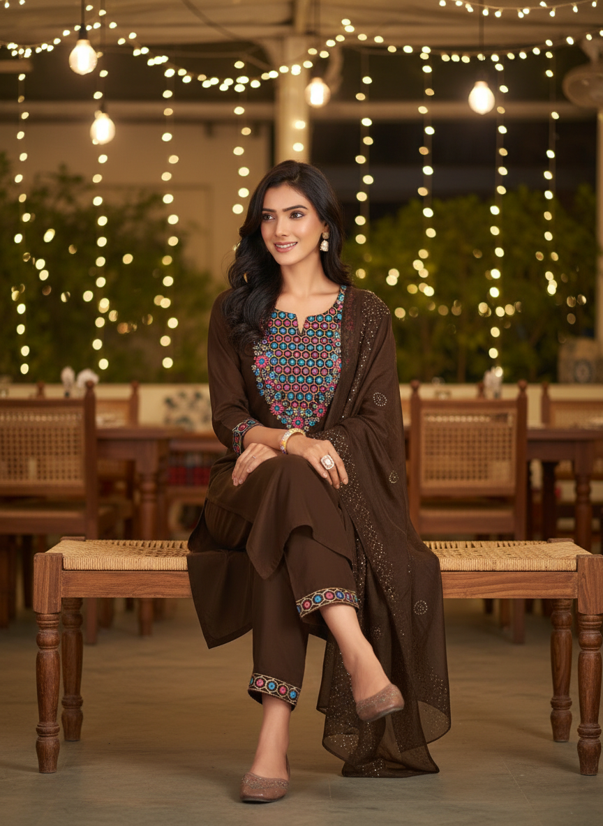 Samira Brown Multi-Color Floral & Jaali Embroidered Yoke Kurta Set with Sequin Work Dupatta in Chanderi Silk with Cotton Mul Lining