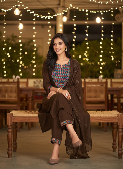 Samira Brown Multi-Color Floral & Jaali Embroidered Yoke Kurta Set with Sequin Work Dupatta in Chanderi Silk with Cotton Mul Lining