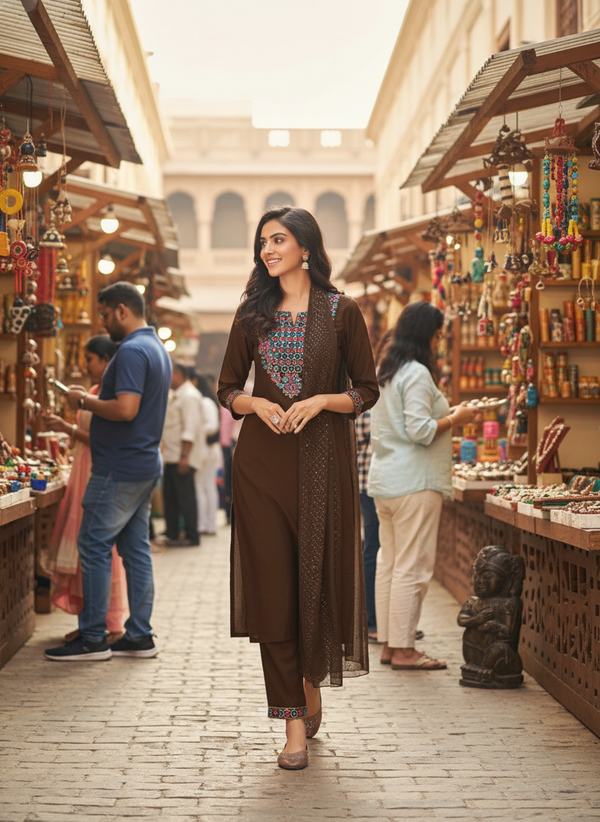 Samira Brown Multi-Color Floral & Jaali Embroidered Yoke Kurta Set with Sequin Work Dupatta in Chanderi Silk with Cotton Mul Lining