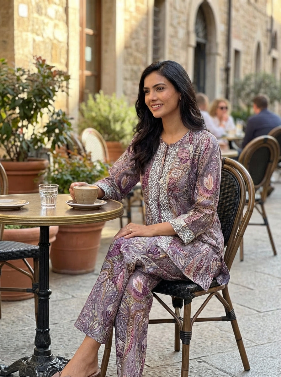Modal Chanderi Saumya Muave Printed Co-Ord Set with Hand Beaded Placket and Sleeve Detailing