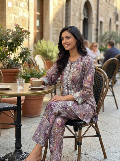 Modal Chanderi Saumya Muave Printed Co-Ord Set with Hand Beaded Placket and Sleeve Detailing