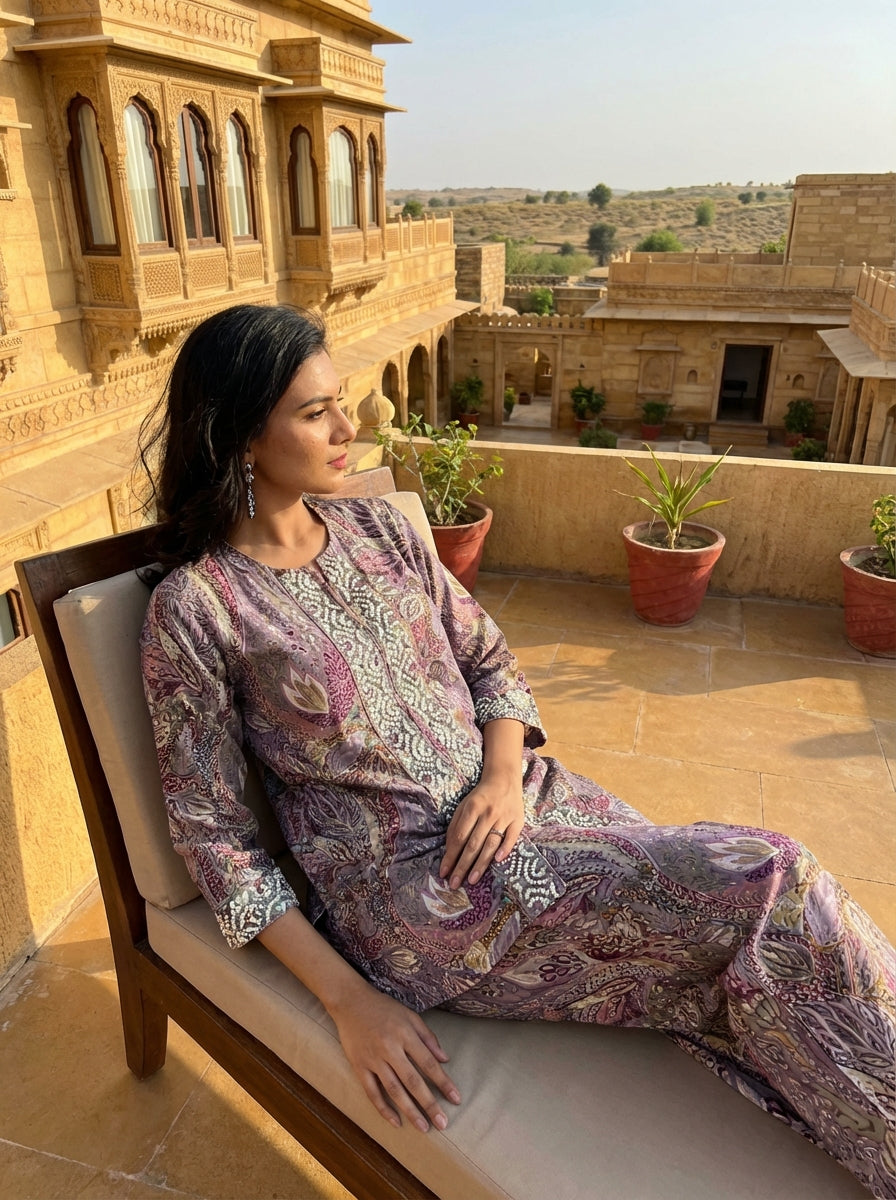 Modal Chanderi Saumya Muave Printed Co-Ord Set with Hand Beaded Placket and Sleeve Detailing