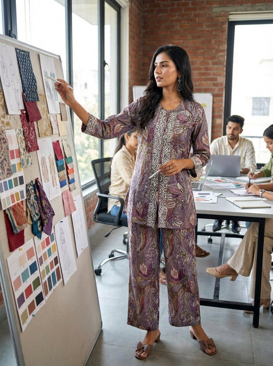 Modal Chanderi Saumya Muave Printed Co-Ord Set with Hand Beaded Placket and Sleeve Detailing