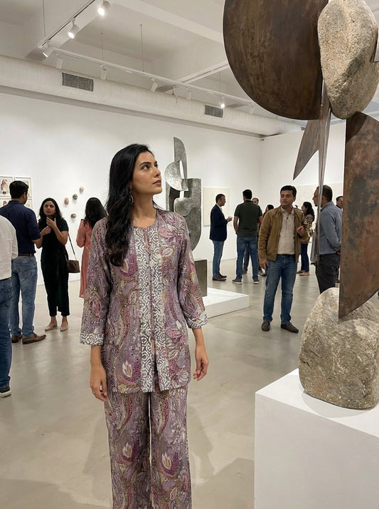 Modal Chanderi Saumya Muave Printed Co-Ord Set with Hand Beaded Placket and Sleeve Detailing