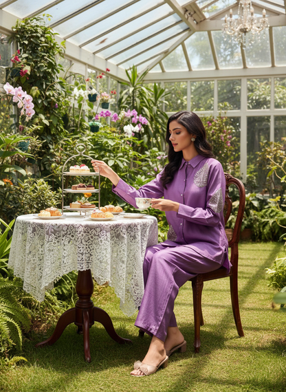 Saroj Purple Viscose Jacquard Co-Ord Set with Hand Sequin Leaf Embellishment Work