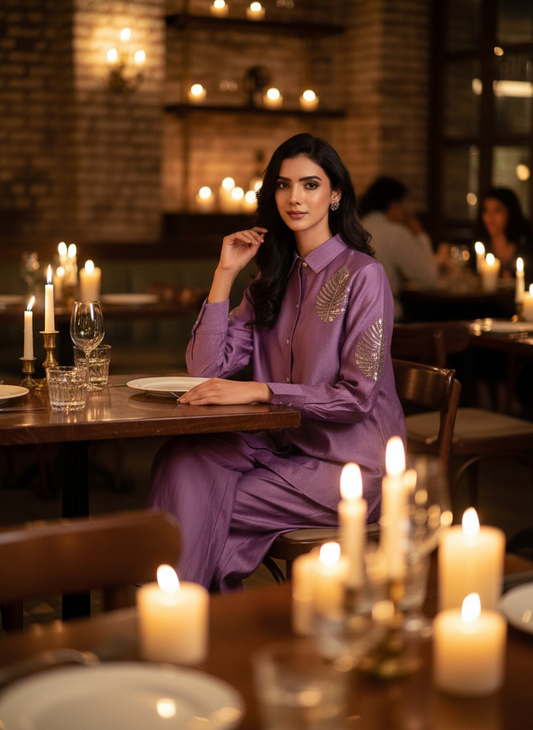 Saroj Purple Viscose Jacquard Co-Ord Set with Hand Sequin Leaf Embellishment Work